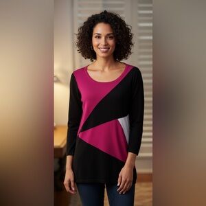 Allison Daley pink raspberry magenta black Colorblock sweater size medium cotton